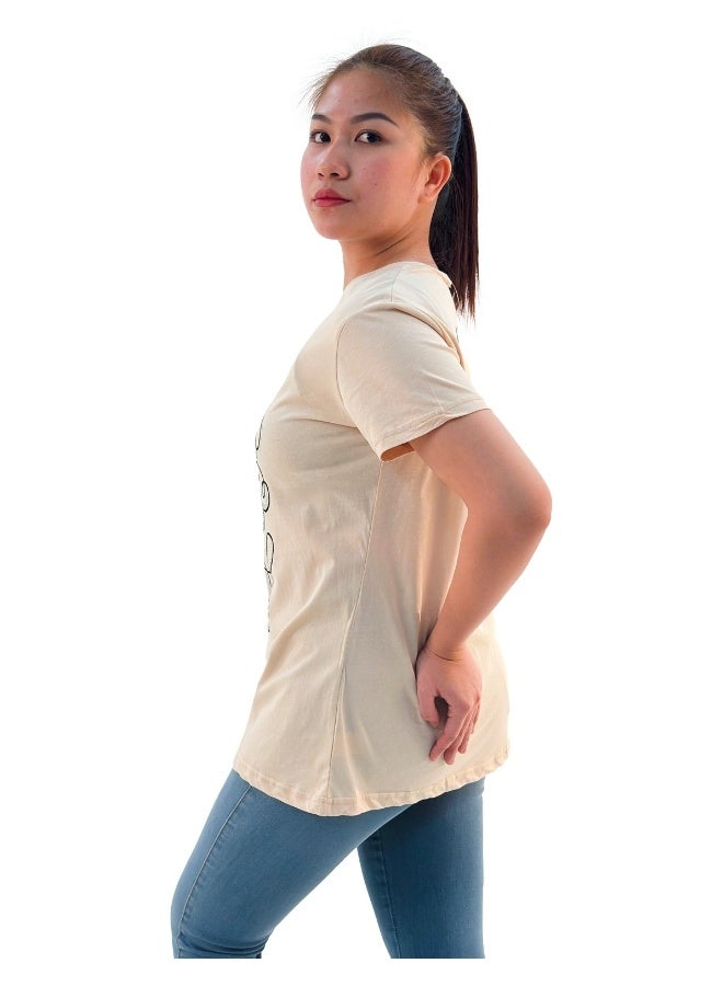 JOANNA JOANNA W203041 Women's Geometric Design Round Neck Short Sleeve T-Shirt - Beige - Image 2