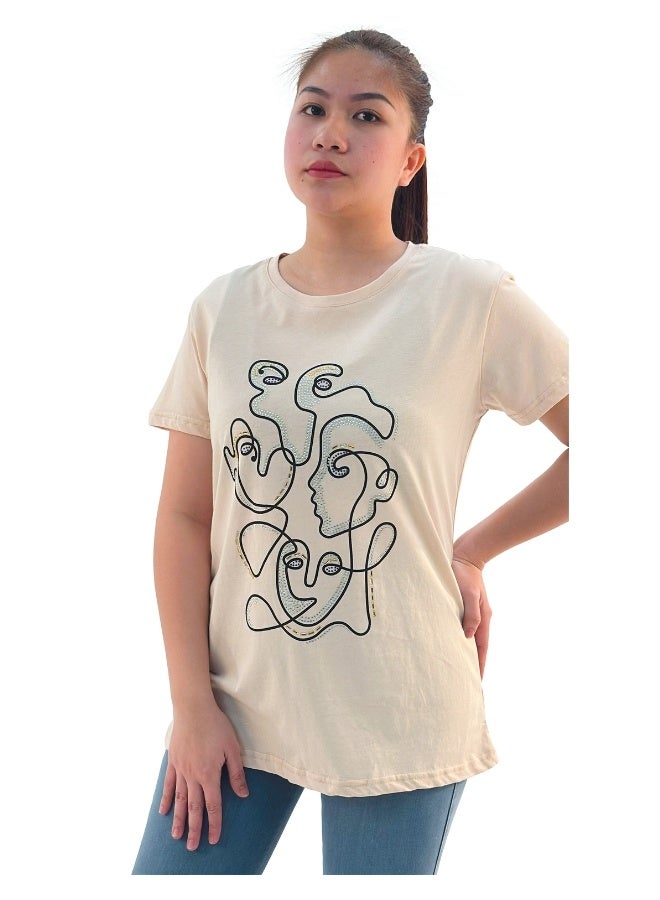 JOANNA JOANNA W203041 Women's Geometric Design Round Neck Short Sleeve T-Shirt - Beige - Image 1