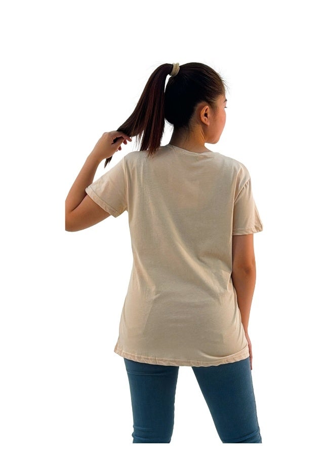 JOANNA JOANNA W203041 Women's Geometric Design Round Neck Short Sleeve T-Shirt - Beige - Image 3
