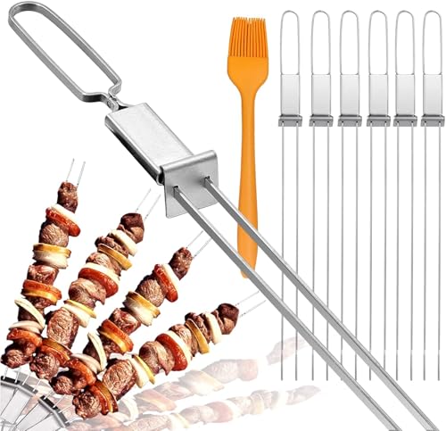 Lucalda Skewers for Grilling- 17 inch (6 Pack) Double Pronged Flat Stainless Steel BBQ Skewer with Push Bar- Kabob Skewers Skewer Sticks for Camping or family - Reusable, BBQ Accessories - Image 1