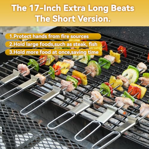 Lucalda Skewers for Grilling- 17 inch (6 Pack) Double Pronged Flat Stainless Steel BBQ Skewer with Push Bar- Kabob Skewers Skewer Sticks for Camping or family - Reusable, BBQ Accessories - Image 4