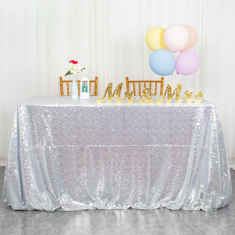 ShiDianYi Rectangular Sequin Tablecloth  Silver 90x132Inch Fabric Overlay  Glitter Table Linen Cover for Prom Birthday Wedding Reception Decoration