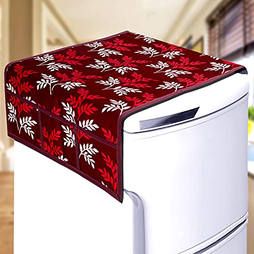 KANUSHI Industries® Fridge Cover for Top/Refrigerator Cover (Color- Maroon)(FRI-SMAL-LEAVES-MAROON-01) - Image 1