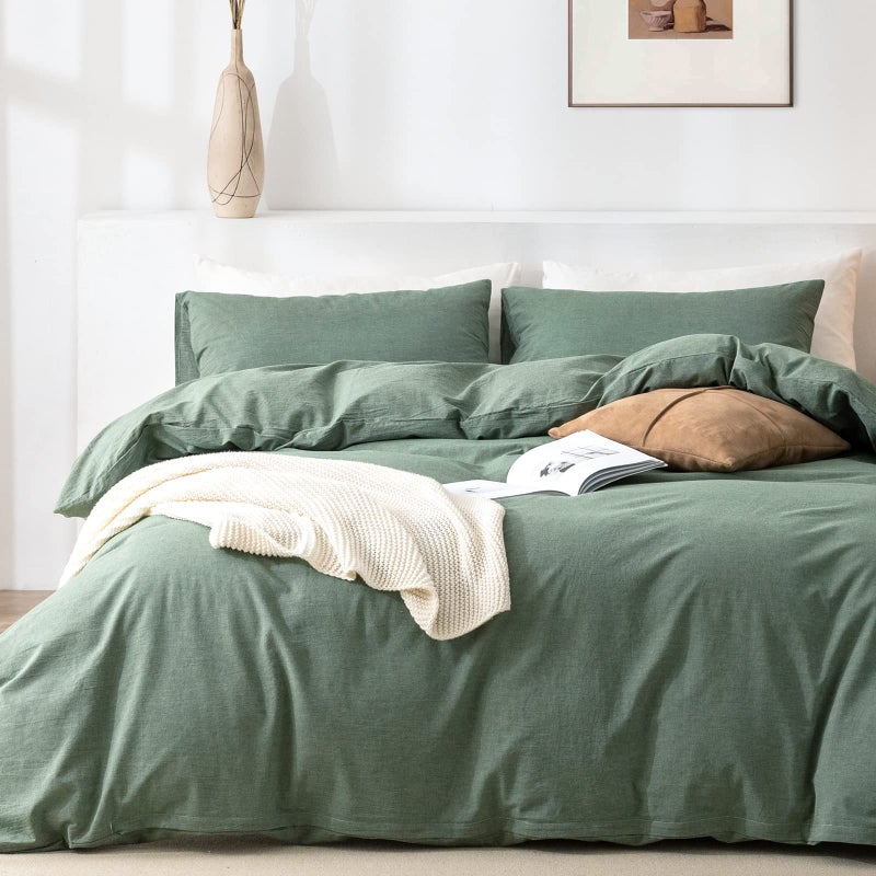 TIPTOE BEAR Queen Duvet Cover Set 100 Washed Cotton 3 Pcs Soft Comfy Breathable Chic Linen Feel Bedding 1 Duvet Cover and 2 Pillow Shams Green