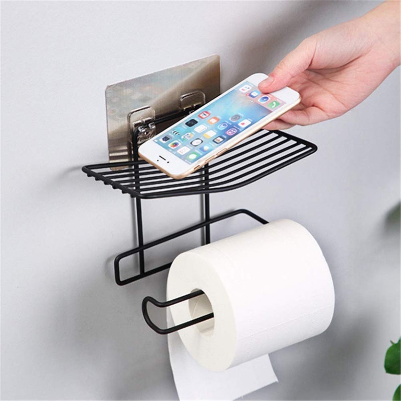 Janvi EnterpriseToilet Paper Holder Shelf Tissue Roll Towel Storage Rack Adhesive Mobile Phone Dispenser Hanger Organizer Bathroom ArtBlack  - Image 1