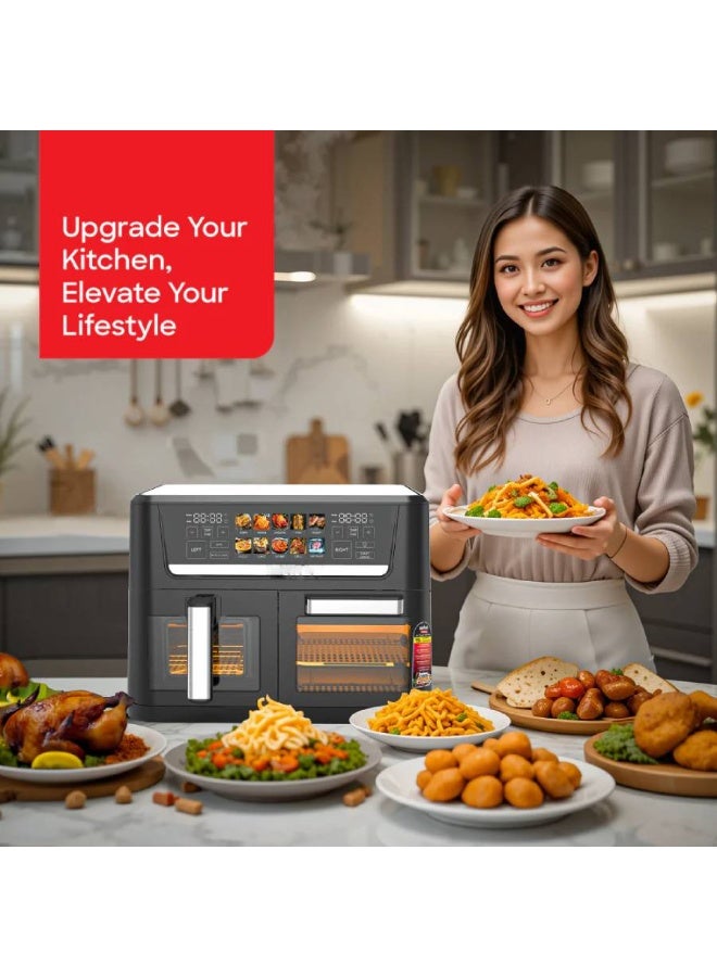 دي اس بي مقلاة هوائية مزدوجة النطاق KB2188 سعة 14 لتر مع نافذة بصرية، فرن مقلاة هوائية 1700 واط مع شاشة لمس LED ملونة لـ 10 اعدادات مسبقة، سلال مزدوجة يتم التحكم فيها بشكل مستقل، مقلاة هوائية سهلة التنظيف - Image 2