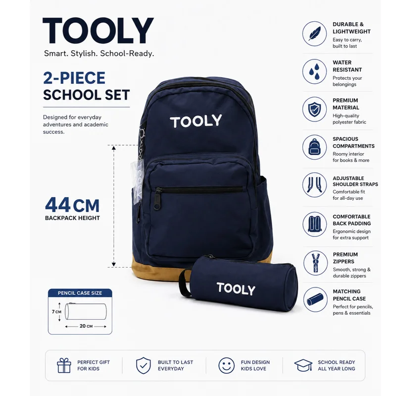 تولي طقم مدرسي TOOLY للأطفال من قطعتين، حقيبة ظهر كحلي وذهبي 44 سم مع مقلمة مطابقة، حقيبة مدرسية خفيفة ومقاومة للماء، مقصورات واسعة، أحزمة كتف قابلة للتعديل وحشوة مريحة للمدرسة والاستخدام اليومي