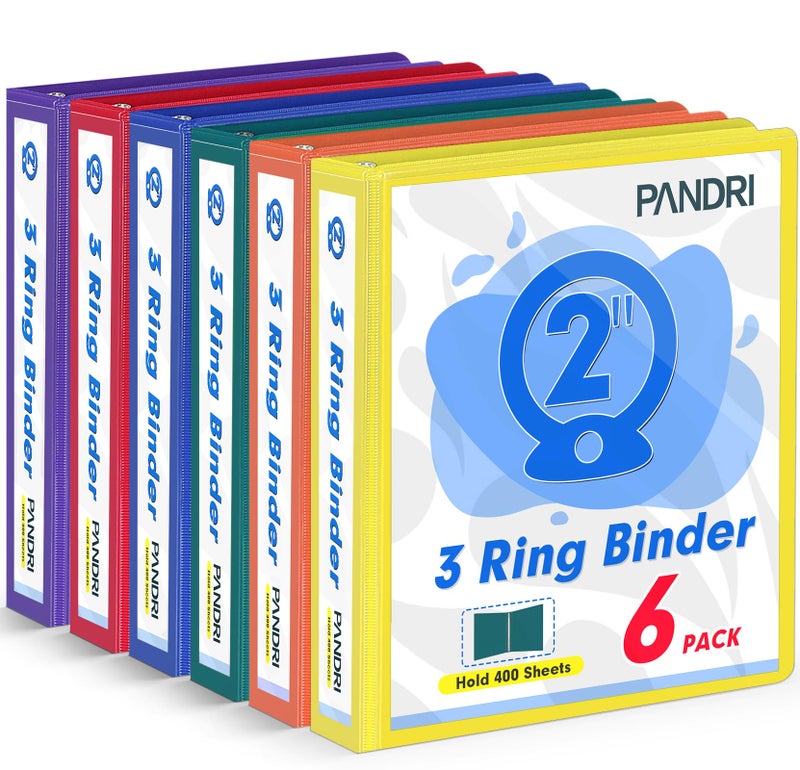 PANDRI 3 Ring Binder 2 Inch, PANDRI 6 Pack 2-Inch Binder Fits Letter Size 8.5'' x 11'' Paper, Versatile Binders for Office Home School, 2 Pockets, Assorted 6 Color - Image 1