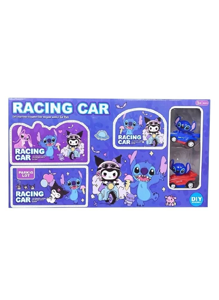 بريميم مجموعة ألعاب سيارات سباق كرتونية يمكنك تركيبها بنفسك – سيارات صغيرة باللونين البنفسجي والأزرق بتصميم شخصيات لطيفة للأطفال - Image 1