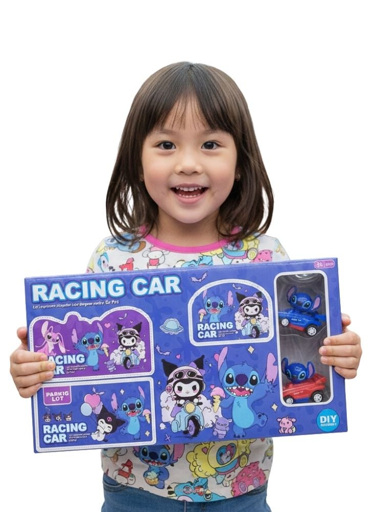 بريميم مجموعة ألعاب سيارات سباق كرتونية يمكنك تركيبها بنفسك – سيارات صغيرة باللونين البنفسجي والأزرق بتصميم شخصيات لطيفة للأطفال - Image 2