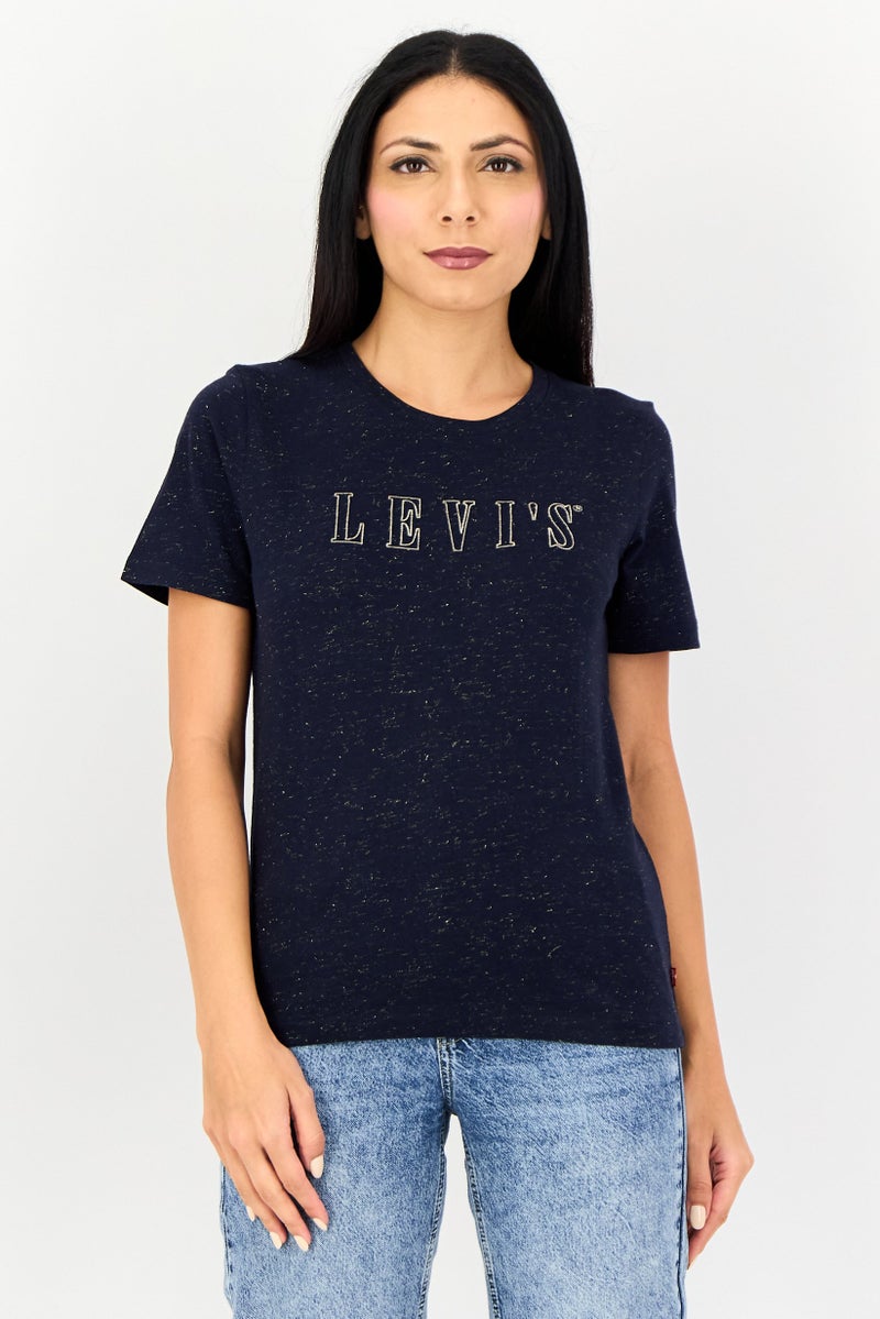 Levi's تي شيرت معدني قصير الأكمام للنساء بياقة دائرية، كحلي - Image 1