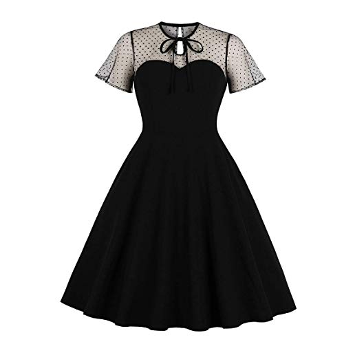 IWEMEK Women's Vintage Illusion Polka Dot Embroidery Keyhole Tie 1950s A-line Cocktail Dress 50s 60s Retro Summer Evening Party Wedding Formal Prom Dance Swing Dresses Black XX-Large - Image 1