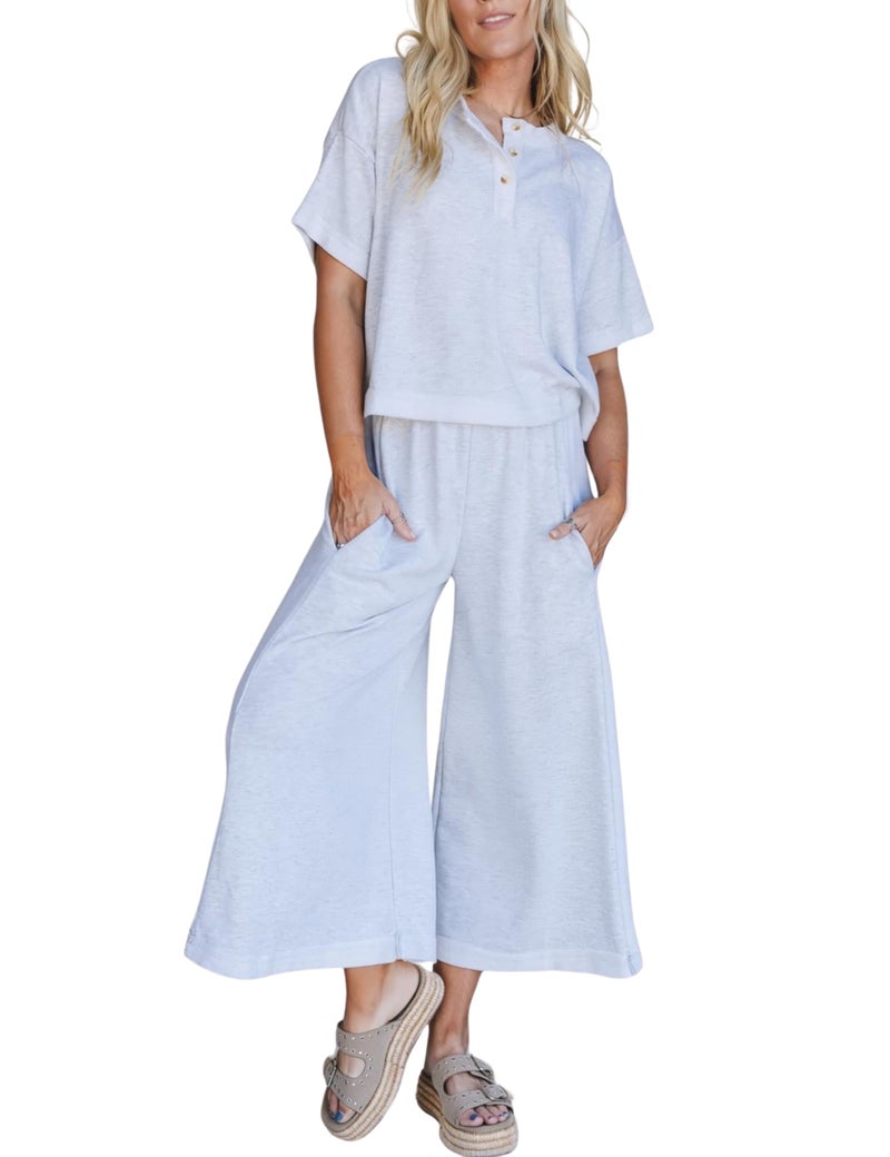 Tanming Womens 2 Piece Outfits Short Sleeve Top Wide Leg Pants Travel Vacation Lounge Set Tracksuits(LightGrey-XL) - Image 1