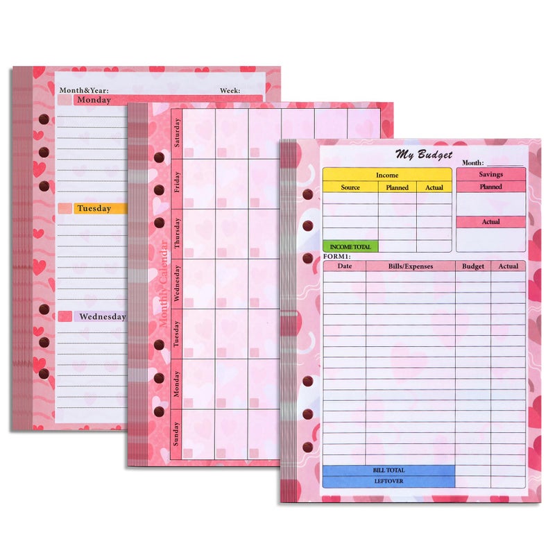 Toplive 3 Pack A5 Planner Refill 82 Sheet Colored Monthly Weekly Planner Refill Paper 6 Hole Budget Sheets Expense Tracker Inserts for A5 Binder Cover Bill Saving Organizer, Pink - Image 1