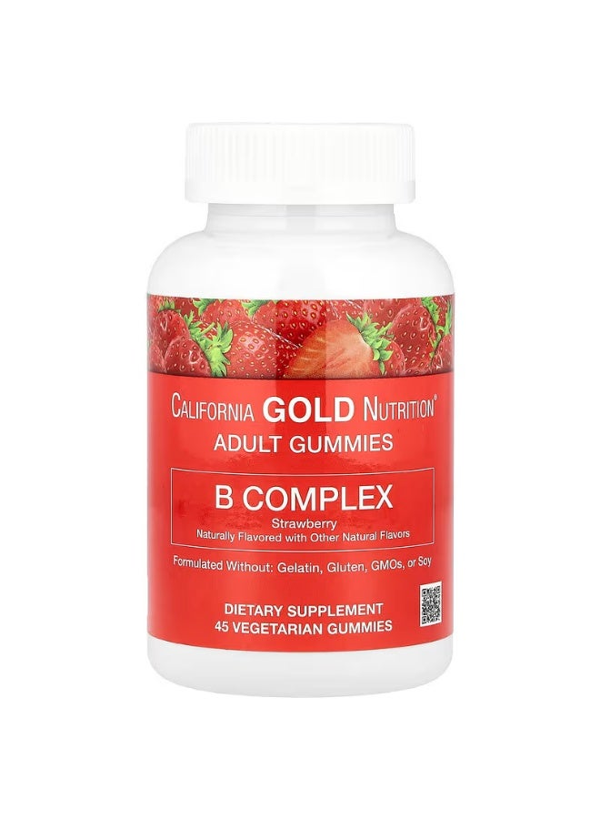 Gold B Complex Vitamin Gummy Candy with Vitamins B6, B12, Folic Acid, and Biotin, Strawberry Flavor, 45 Vegan Gummy Candy
