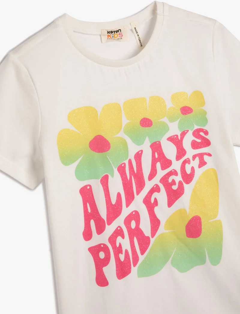KOTON T-Shirt Short Sleeve Floral Glitter Printed Cotton