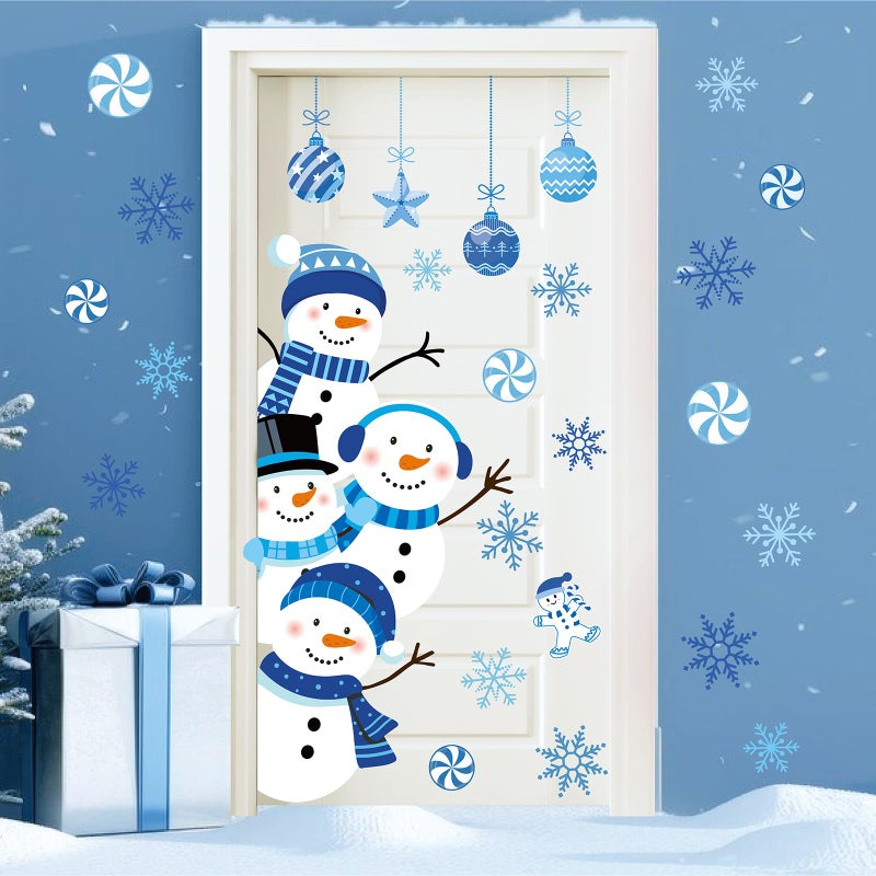 Whaline Christmas Winter Door Stickers Blue Snowman Snowflake Candy Wall Decals Large Mural Stickers for Xmas Home Refrigerator Window Decoration 354 x 118 Inch - Image 2