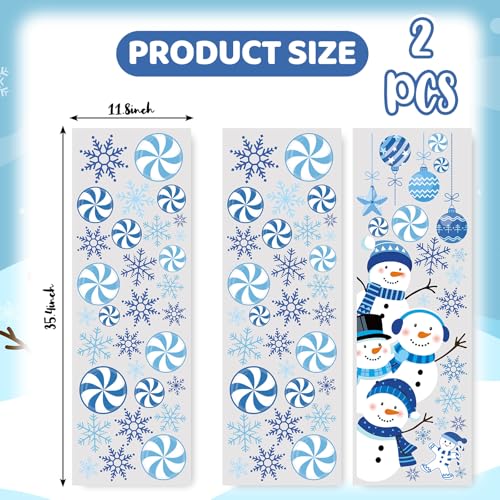 Whaline Christmas Winter Door Stickers Blue Snowman Snowflake Candy Wall Decals Large Mural Stickers for Xmas Home Refrigerator Window Decoration 354 x 118 Inch - Image 3