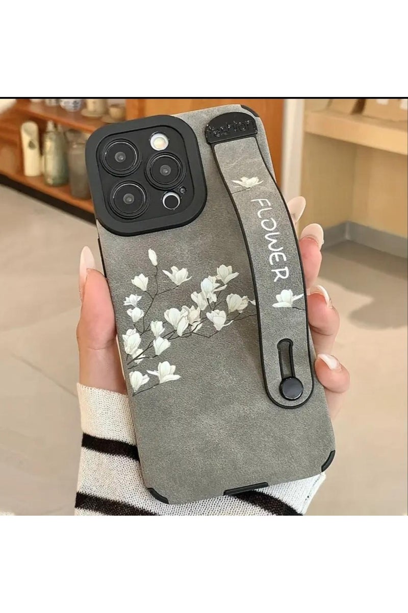 Iphone 13 Pro Max Cover, Magnolia Flower Colorful Faux Leather Wristband Anti-Fall Mobile Phone Case Suitable for Apple 13 Pro Max, Gray Color.  - Image 1