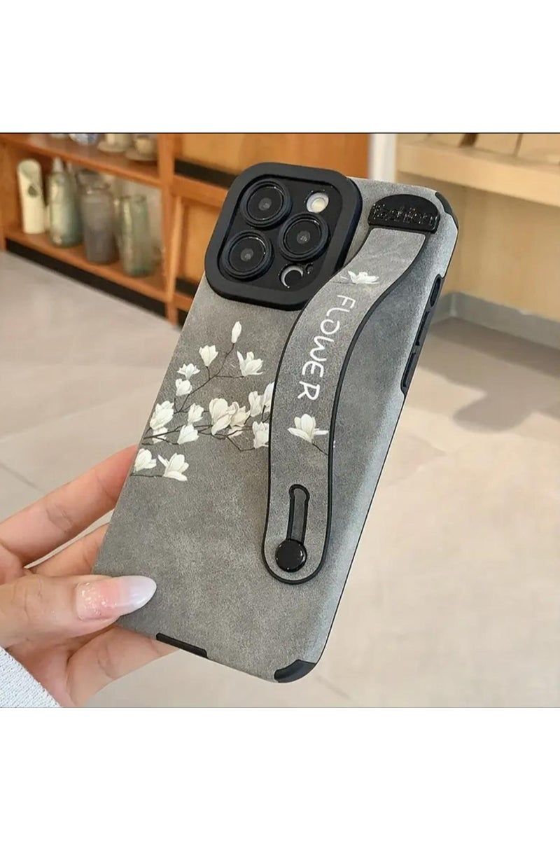Iphone 13 Pro Max Cover, Magnolia Flower Colorful Faux Leather Wristband Anti-Fall Mobile Phone Case Suitable for Apple 13 Pro Max, Gray Color.  - Image 2