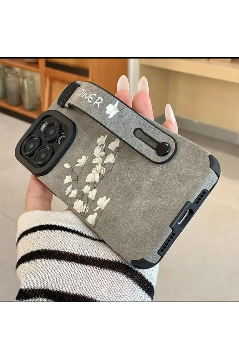 Iphone 13 Pro Max Cover, Magnolia Flower Colorful Faux Leather Wristband Anti-Fall Mobile Phone Case Suitable for Apple 13 Pro Max, Gray Color.  - Image 3