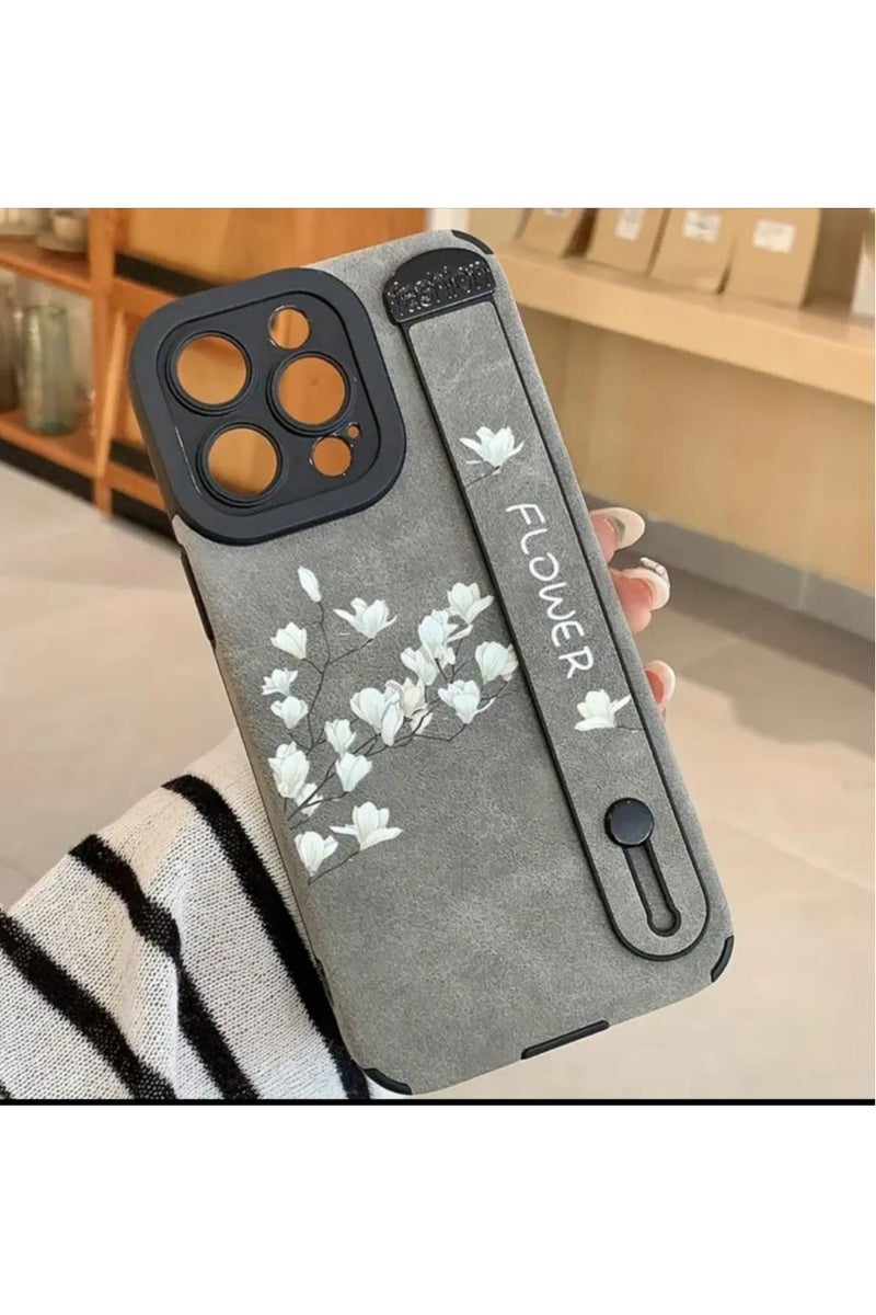 Iphone 13 Pro Max Cover, Magnolia Flower Colorful Faux Leather Wristband Anti-Fall Mobile Phone Case Suitable for Apple 13 Pro Max, Gray Color.  - Image 4