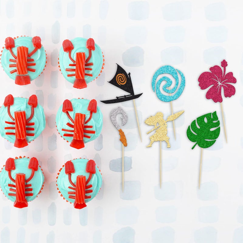 Ephlyn 24Pcs Mo Inspired Birthday Cupcake Toppers Glitter Palm Leaf Flower Moana Cupcake Picks Hawaiian Birthday Party Decoration for Tropical Luau Summer Party Baby Shower Wedding - Image 3