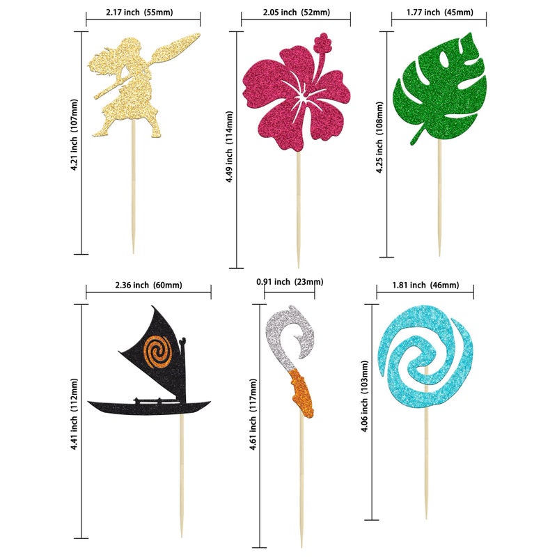 Ephlyn 24Pcs Mo Inspired Birthday Cupcake Toppers Glitter Palm Leaf Flower Moana Cupcake Picks Hawaiian Birthday Party Decoration for Tropical Luau Summer Party Baby Shower Wedding - Image 2
