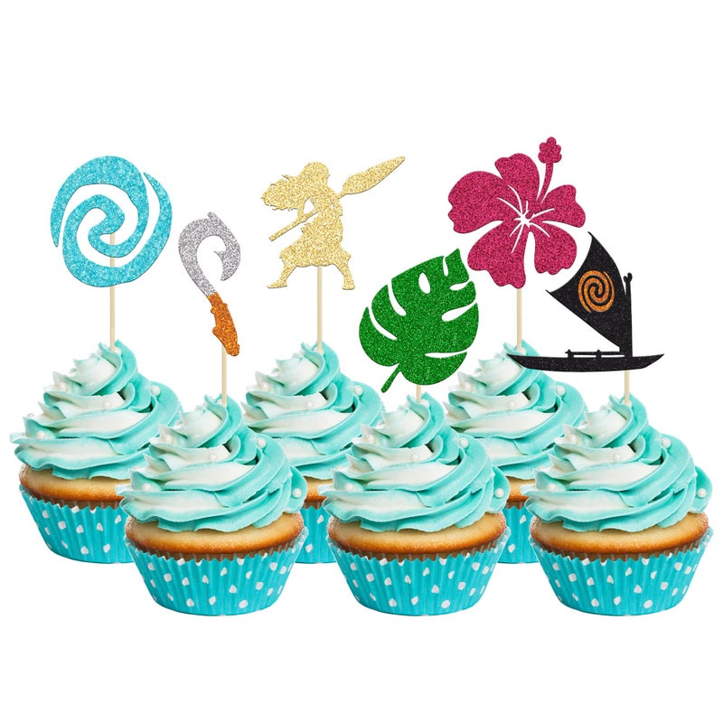 Ephlyn 24Pcs Mo Inspired Birthday Cupcake Toppers Glitter Palm Leaf Flower Moana Cupcake Picks Hawaiian Birthday Party Decoration for Tropical Luau Summer Party Baby Shower Wedding - Image 1