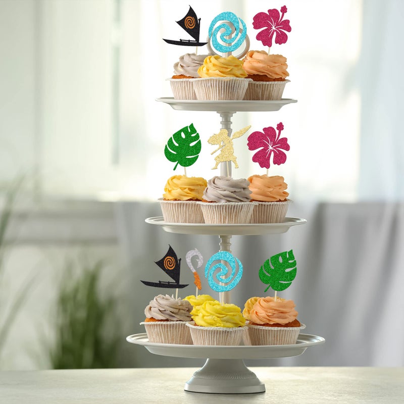 Ephlyn 24Pcs Mo Inspired Birthday Cupcake Toppers Glitter Palm Leaf Flower Moana Cupcake Picks Hawaiian Birthday Party Decoration for Tropical Luau Summer Party Baby Shower Wedding - Image 5