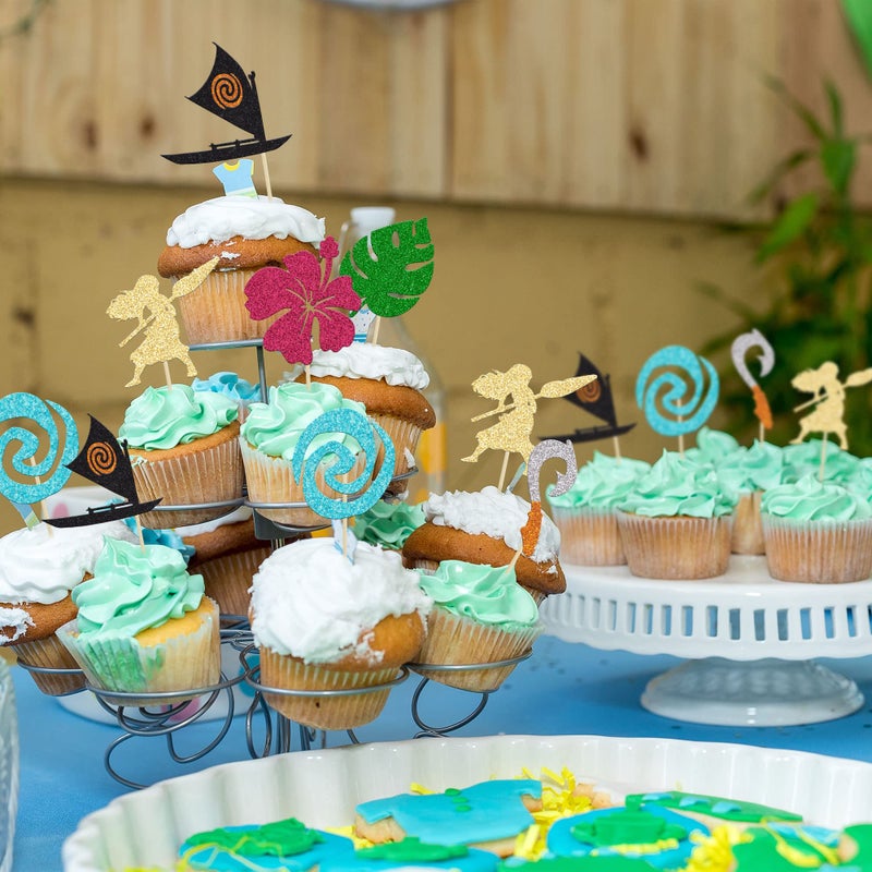 Ephlyn 24Pcs Mo Inspired Birthday Cupcake Toppers Glitter Palm Leaf Flower Moana Cupcake Picks Hawaiian Birthday Party Decoration for Tropical Luau Summer Party Baby Shower Wedding - Image 4