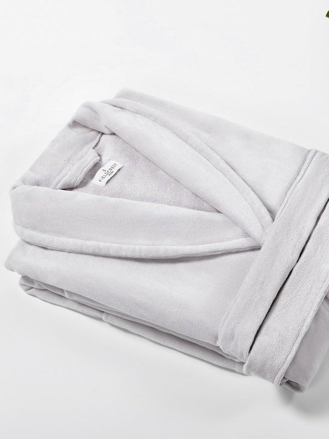 FIELDCREST Velour Shawl Collar Bathrobe 100% Cotton Large Light Grey - Image 2