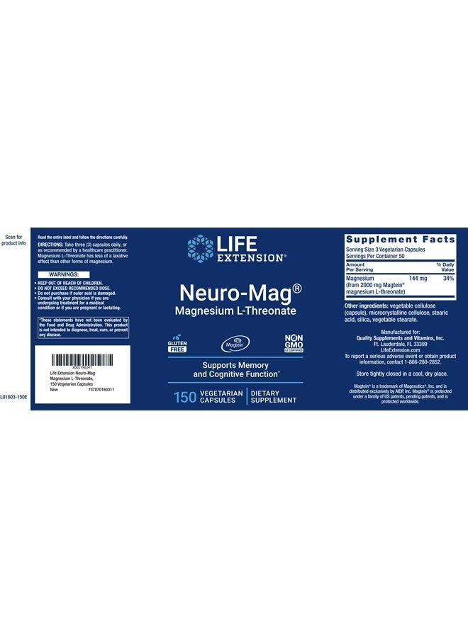 Life Extension Neuro-Mag Magnesium L-Threonate, 150 Veg Caps, Magtein Supplement for Women and Men - Image 2