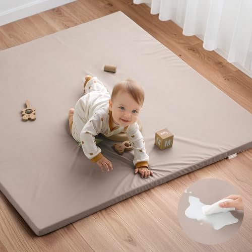 Blissful Diary Vegan Leather Baby Play Mat, 50x50 Thicken Foam Cushioned & Waterproof Playpen Mat for Infants and Toddlers, Stylish and Just Wipe-Clean Playmat for Baby Play on Floor, Taupe - Image 1