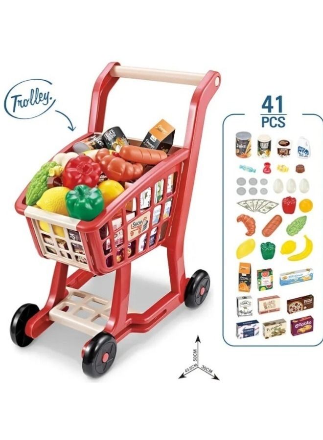Mini Shopping Cart Toy Trolley With Vegetable Fruit Pretend Play Kids Supermarket - Image 2