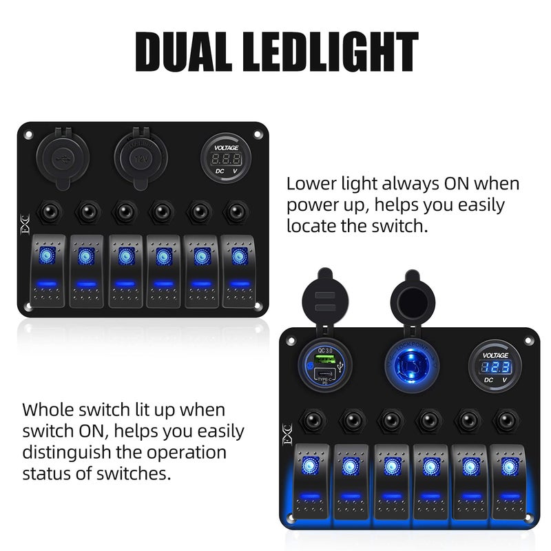 FXC Waterproof Marine Boat Blue Rocker Switch Panel 6 Gang with USB & Type-C Charger Slot Socket + Cigarette Lighter +LED Voltmeter with Overload Protection Circuit Breaker for Car Rv Vehicles Truck - Image 3