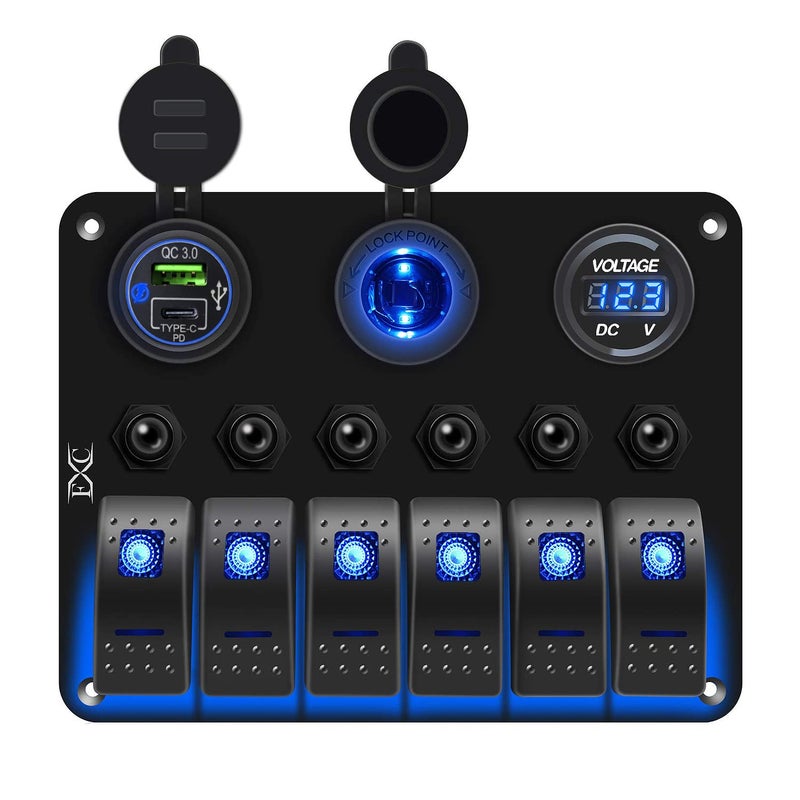 FXC Waterproof Marine Boat Blue Rocker Switch Panel 6 Gang with USB & Type-C Charger Slot Socket + Cigarette Lighter +LED Voltmeter with Overload Protection Circuit Breaker for Car Rv Vehicles Truck - Image 1