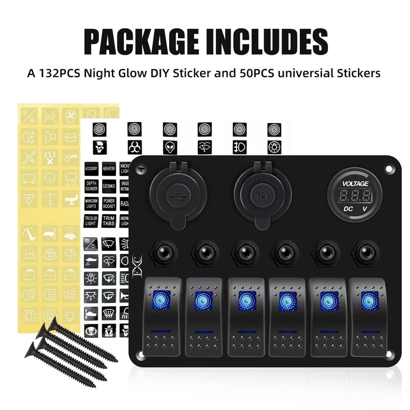 FXC Waterproof Marine Boat Blue Rocker Switch Panel 6 Gang with USB & Type-C Charger Slot Socket + Cigarette Lighter +LED Voltmeter with Overload Protection Circuit Breaker for Car Rv Vehicles Truck - Image 4