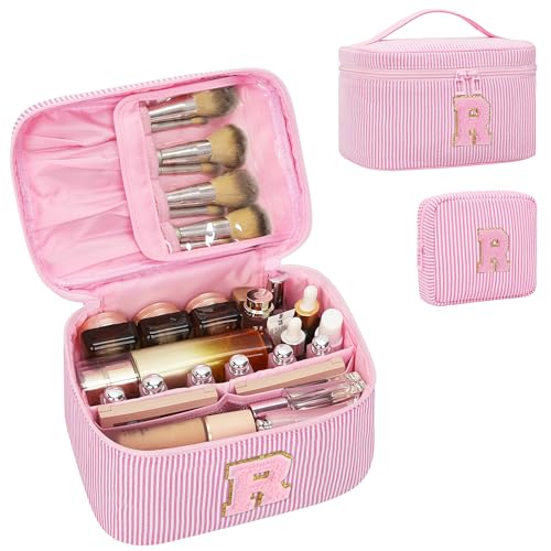 MONSTINA Initial Makeup Bag Personalized Monogram Cute Makeup BagsMake Up Case for Women Her Best Friend Friendship Sister TeacherBirthday Gifts for WomenGirls Makeup Toiletry Bag PouchPink R - Image 1