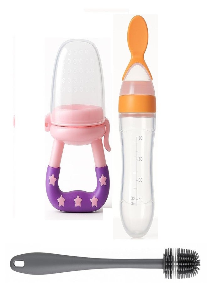 Joy Buzz Baby Food Dispensing Spoon Feeder Bottle 90ml and Fruit Feeder/Nibbler/Pacifier with Cleaning Brush Pack of 3 (YLO-Pink)