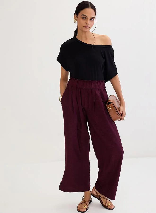 Femmella Burgundy Wide Leg Pleat Detail Pants