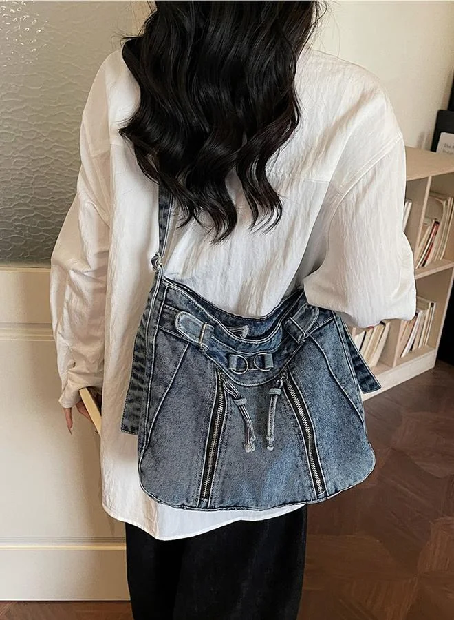 Take Two Blue Denim Shoulder Bag With Zip Detail
