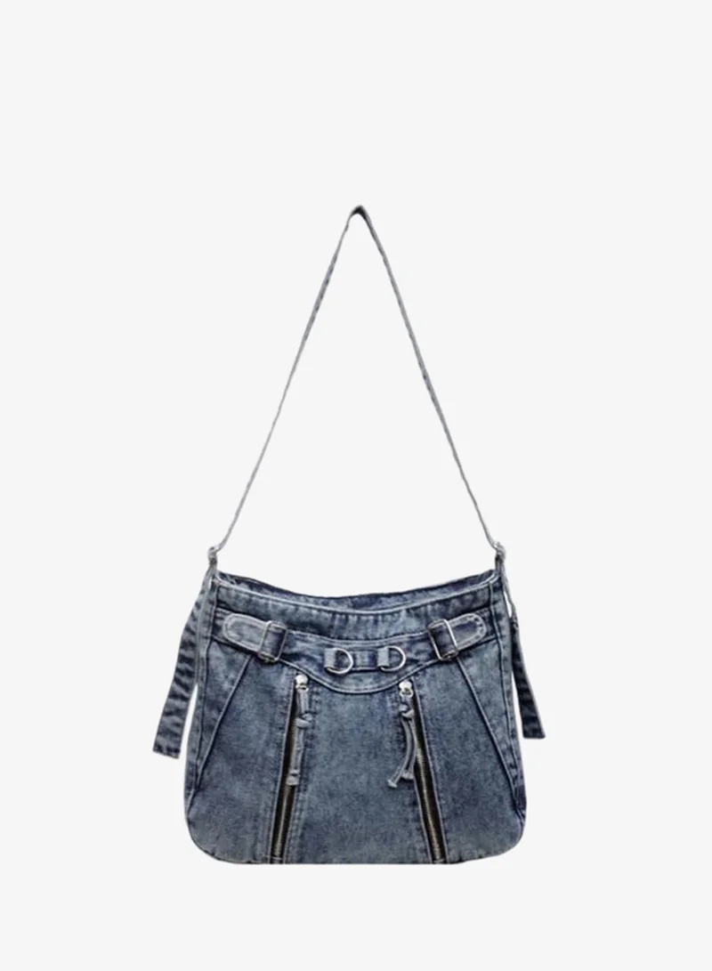 Take Two Blue Denim Shoulder Bag With Zip Detail