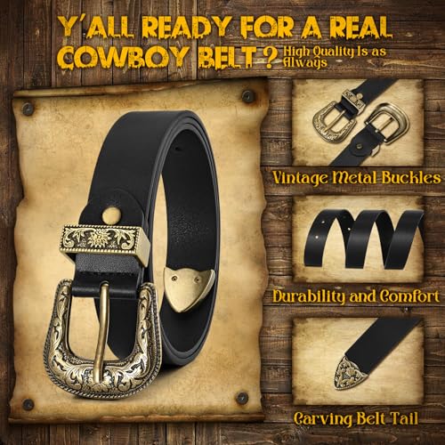 JASGOOD Women Leather Belts Ladies Vintage Western Belt Cowboy Cowgirl Country Belt Design Black Waist Belts for Pants Jeans Dresses - Image 3