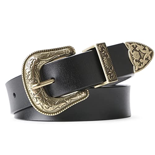 JASGOOD Women Leather Belts Ladies Vintage Western Belt Cowboy Cowgirl Country Belt Design Black Waist Belts for Pants Jeans Dresses - Image 1