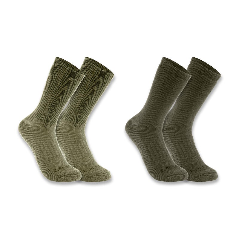 Carhartt Mens SC9602M Midweight SyntheticWool Blend Woodgrain Crew Sock 2Pack Large Olive