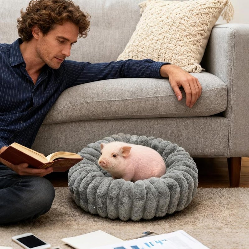 Gray Round Dog Bed Washable Plush Cushion Cozy Pet Pad Indoor 15 75x15 75x5 91 Inches - Image 4