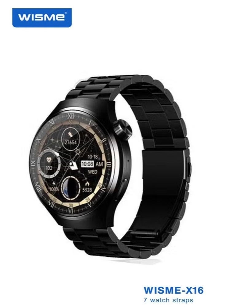 WISME X16 Round Shape Curved Display Smartwatch with 7 Pairs of Straps and Charging Cable – Stylish Smartwatch for Men, Black  - Image 1