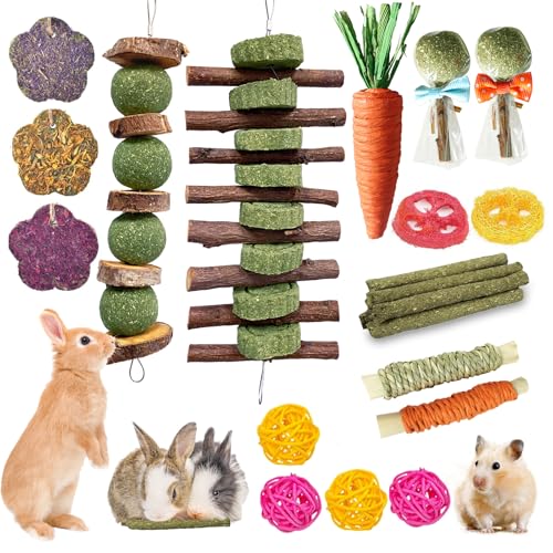Jorewood 21 Pcs Rabbit Chew Toys for Teeth Natural Bunny Toys Peach Wood Grass Timothy Sticks Chew and Treat for Guinea Pigs Hamster Chinchillas and Other Small Pets - Image 1