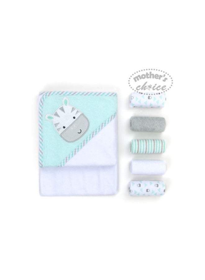 Mothers Choice Cow Themed Hooded BabyTowel + 5-Pack Face Cloth Set – Essential for Baby Bath Time - Image 1